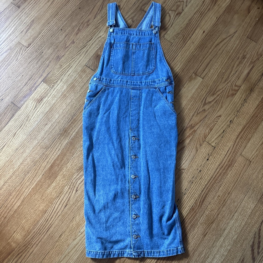 VTG 90s SOHO Denim Overall Jumper Dress Sz L Country Cottage Cargo Pockets Maxi